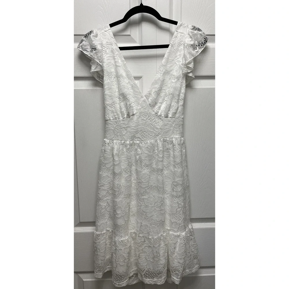 MEROKEETY Women's Floral Lace Short Sleeve Dress White color Tie Back size Med